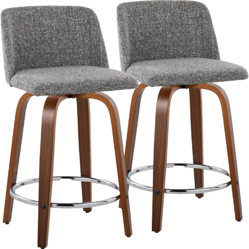 Toriano 24" Swivel Counter Stool in Walnut Wood & Grey Noise Fabric with Chrome Footrest (Set of 2)